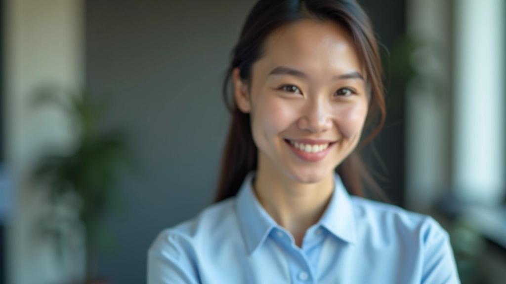 Close-up portrait of woman aged 30 in business casual attire, head tilted slightly forward with genuine smile and focused eye contact