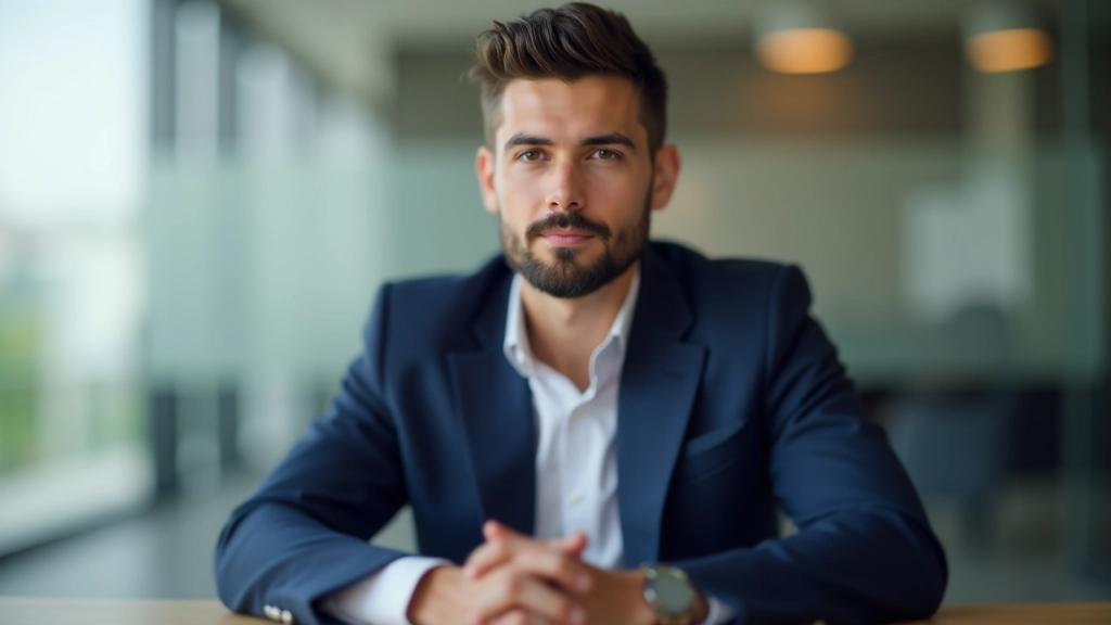 Man aged 35 in professional attire sitting at desk, hands resting, expression thoughtful and patient while listening