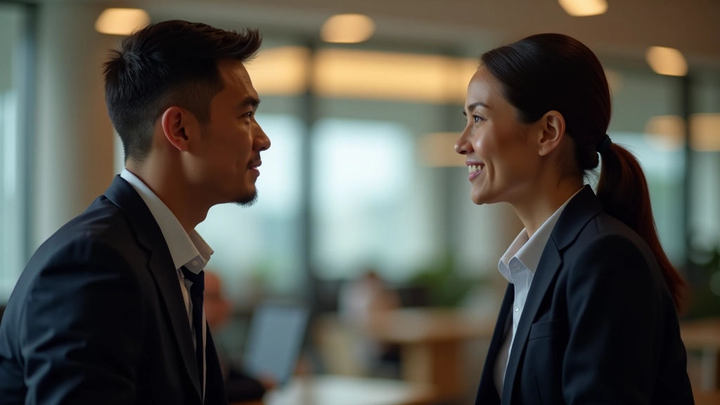 Two professionals in discussion, one speaking while other listens with engaged expression and open body language