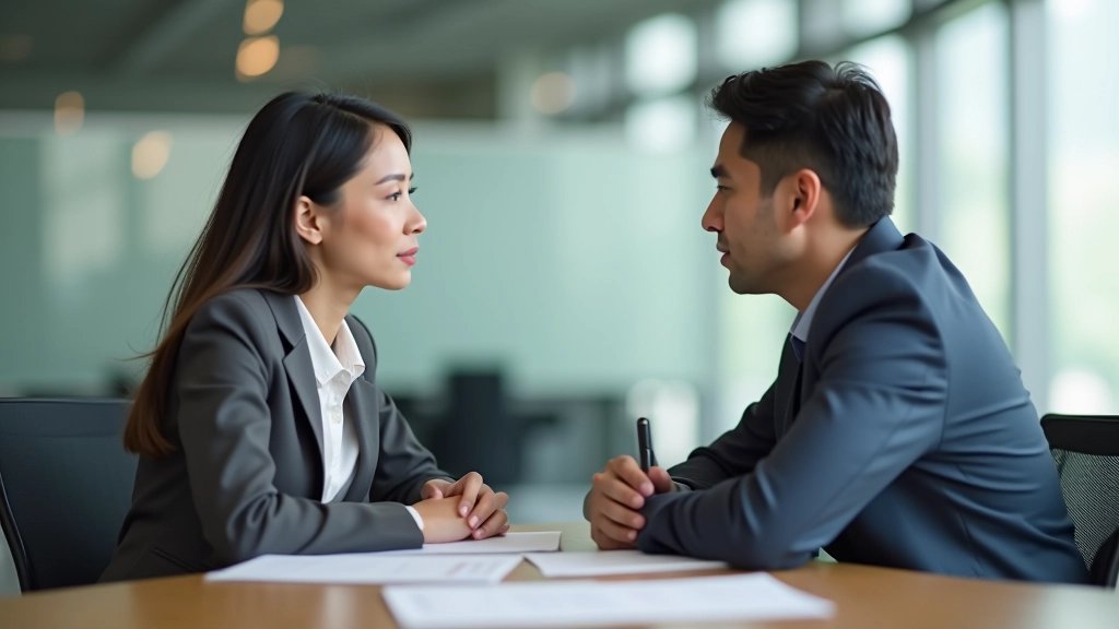 Two professionals in an office setting engaged in conversation, one leaning forward attentively