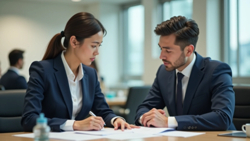 Two colleagues at desk, one providing feedback while the other listens thoughtfully, papers on table between them