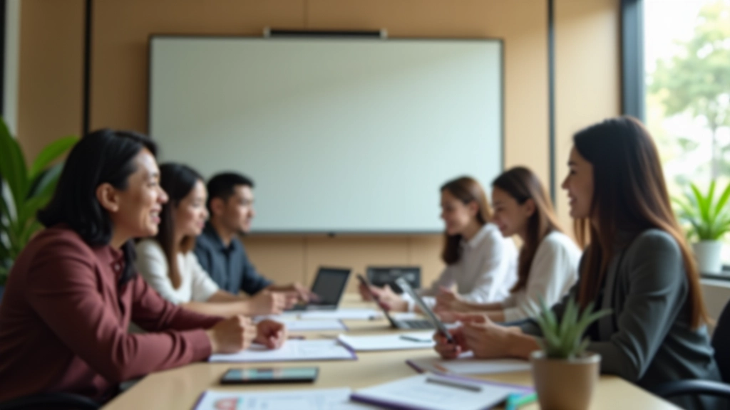 Diverse group of professionals in modern office space, collaborative atmosphere, natural lighting from windows