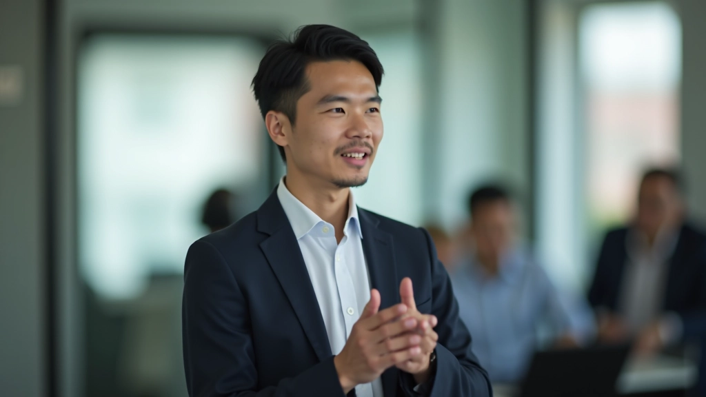 Person practicing presentation in front of mirror, confident posture, professional setting