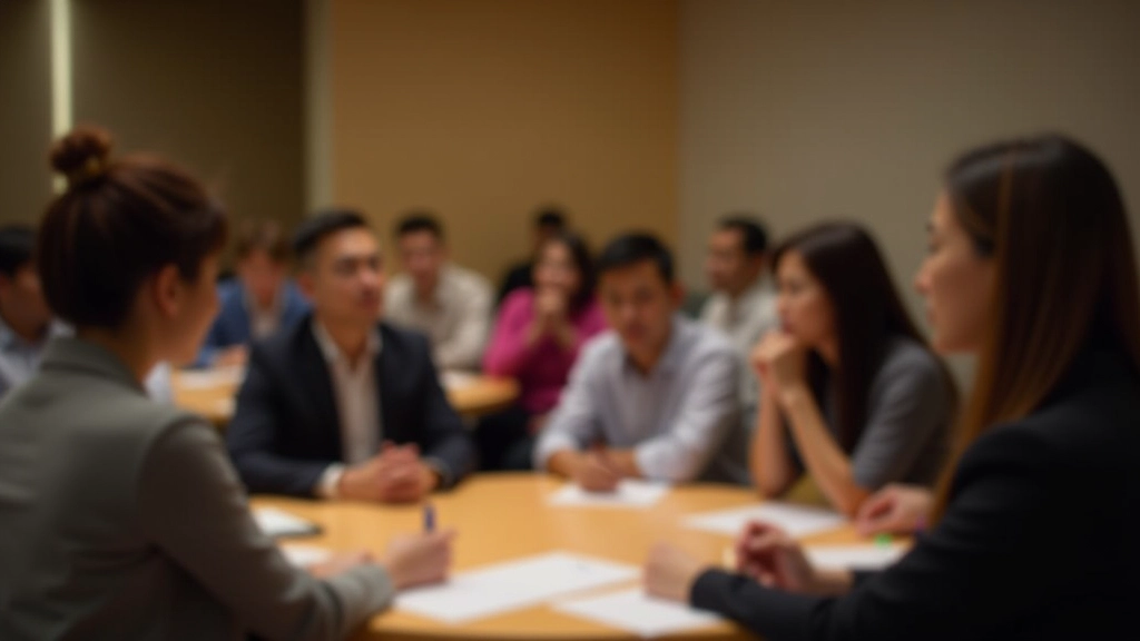 Small group workshop participants demonstrating active listening techniques with focused attention