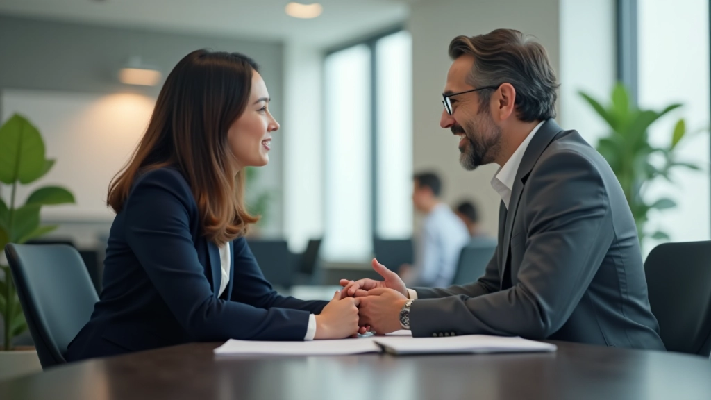 Two professionals in discussion, one speaking while the other takes notes, collaborative atmosphere with open body language