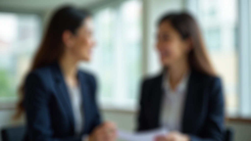 Colleagues in conversation with positive body language, both smiling slightly, engaged discussion in bright office space