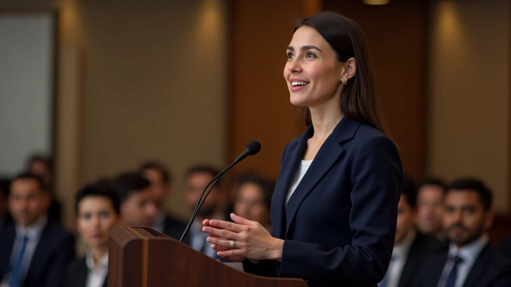 Person speaking confidently at a podium with hand gestures, audience visible in soft focus background