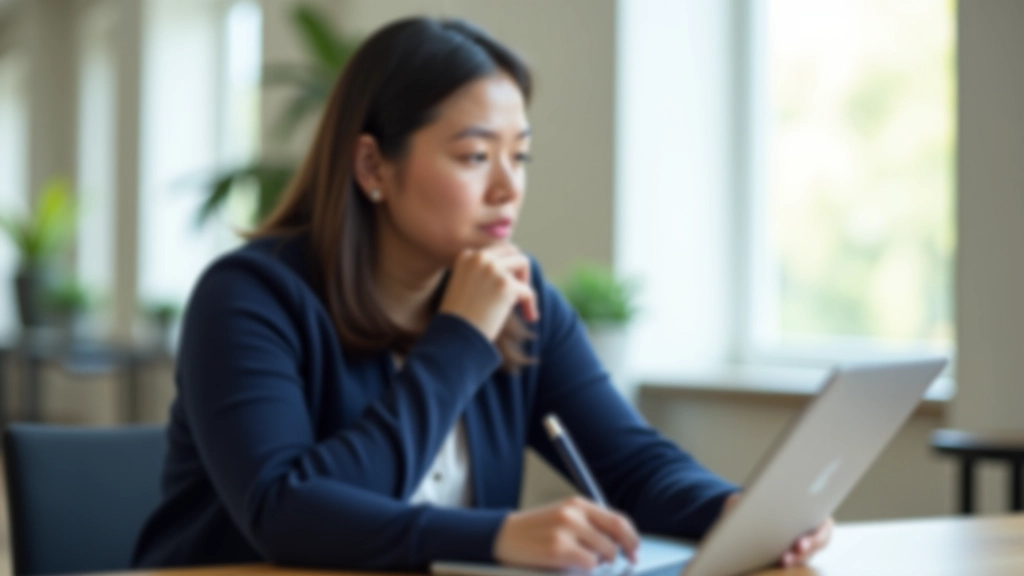 Person in professional setting at a desk with laptop, preparing notes for presentation, thoughtful expression, natural office lighting