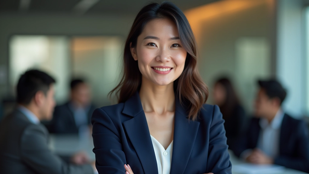 Woman in professional meeting room, speaking with confident body language, engaged with colleagues around table