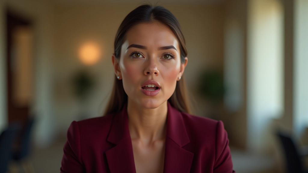 Two professionals in conversation, one speaking with confident hand positioning, office environment with blurred background