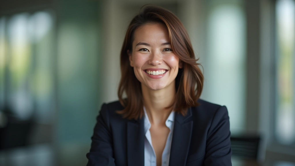 Professional woman in office environment with confident posture and authentic expression of self-assurance