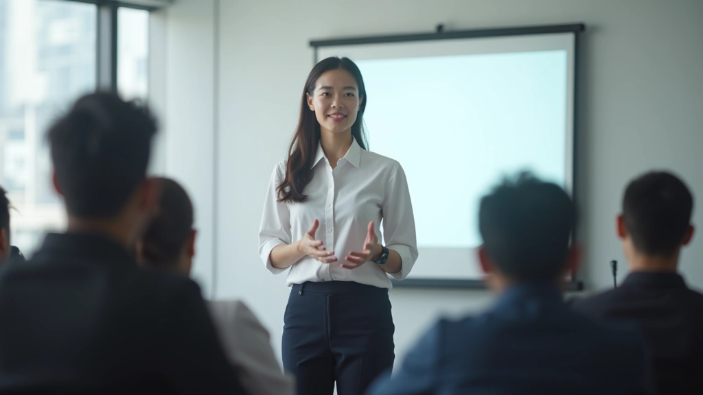 Young professional speaking with clear articulation in front of small audience during presentation training
